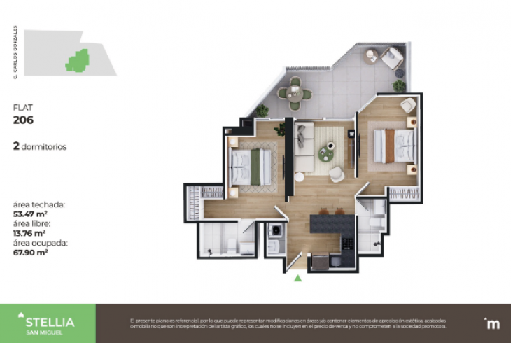 Plano del modelo Flat 206 del proyecto Stellia en San Miguel
