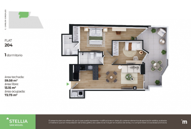 Plano del modelo Flat 204 del proyecto Stellia en San Miguel