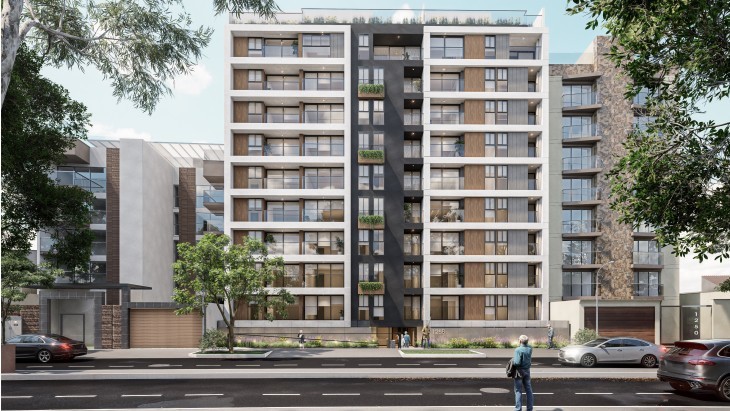 Fachada principal del proyecto Alvia en San Borja