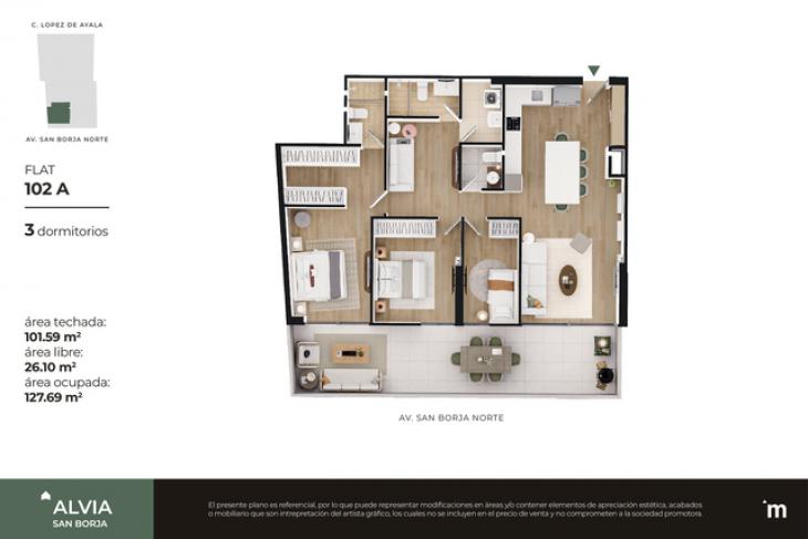 Plano del modelo 102A del proyecto Alvia en San Borja