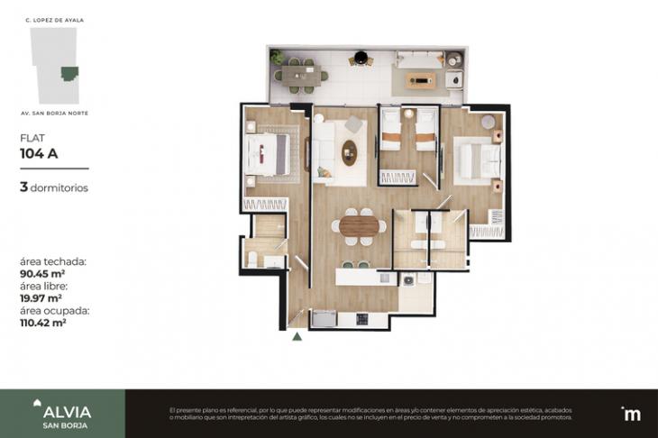 Plano del modelo 104A del proyecto Alvia en San Borja