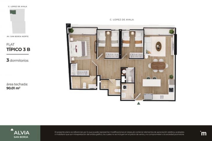 Plano del modelo FLAT TÍPICO 3B del proyecto Alvia en San Borja