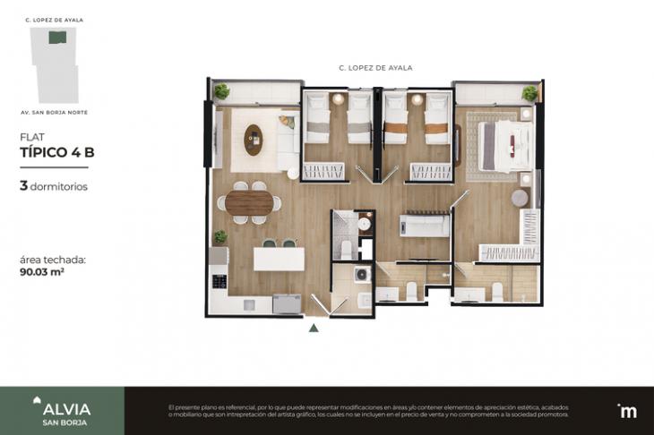 Plano del modelo FLAT TÍPICO 4B del proyecto Alvia en San Borja