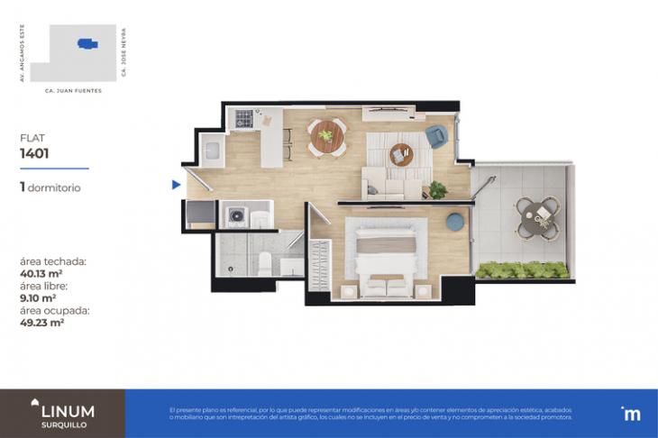 Plano del modelo FLAT 1401 del proyecto Linum en Surquillo