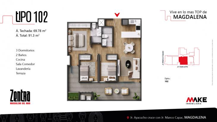 Plano del modelo X102 del proyecto ZENTRA en Magdalena Del Mar