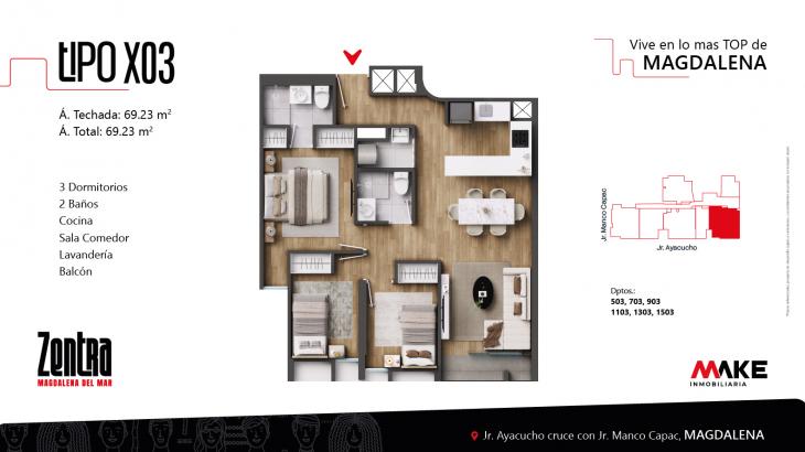 Plano del modelo X03 del proyecto ZENTRA en Magdalena Del Mar