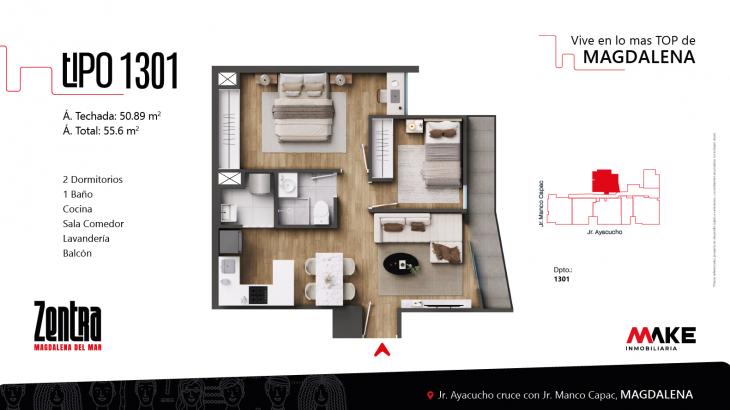 Plano del modelo X1301 del proyecto ZENTRA en Magdalena Del Mar