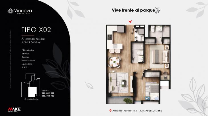 Plano del modelo X02 del proyecto VIANOVA en Pueblo Libre