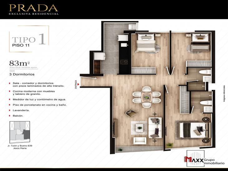 Plano del modelo TIPO 1 - 1101 del proyecto PRADA en Jesus Maria