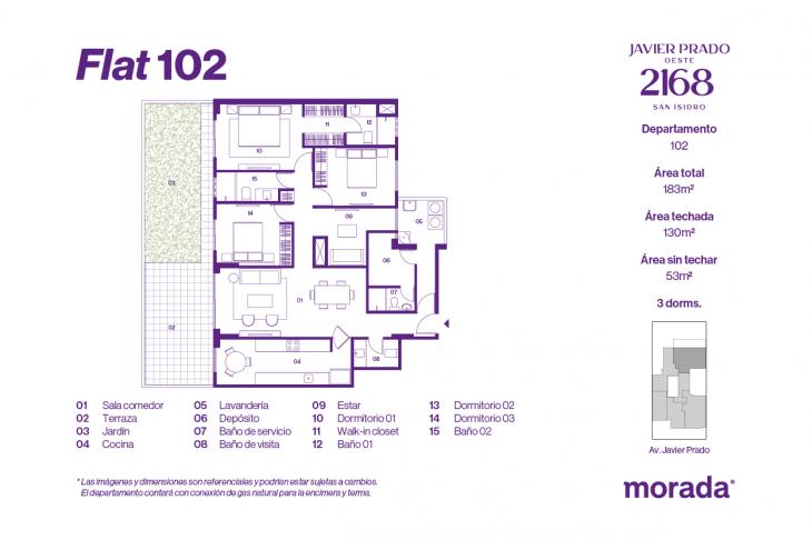 Plano del modelo 102 del proyecto Javier Prado Oeste 2168 en San Isidro