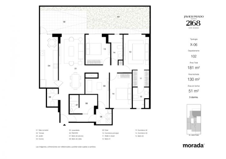 Plano del modelo 102 del proyecto Javier Prado Oeste 2168 en San Isidro
