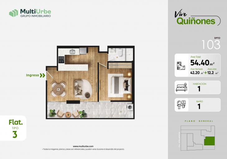 Plano del modelo Tipo 3 del proyecto Vive Quiñones en San Miguel