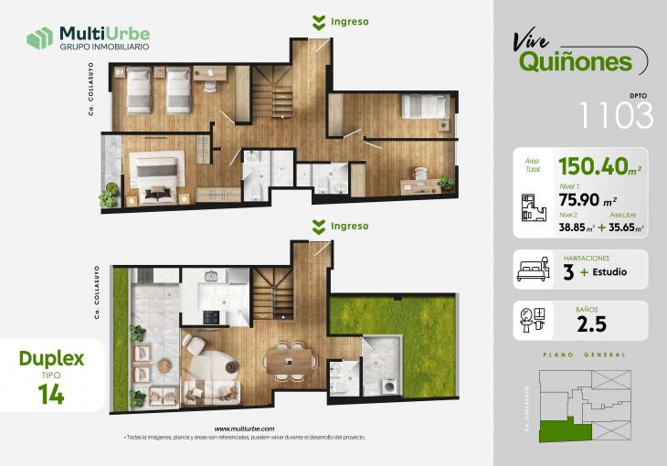 Plano del modelo Tipo 14 del proyecto Vive Quiñones en San Miguel