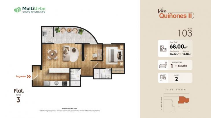 Plano del modelo Tipo 3 del proyecto Vive Quiñones II en San Miguel