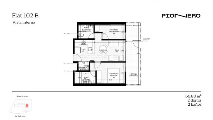 Plano del modelo Flat 102 B del proyecto Guardia Civil Sur 314 en Chorrillos