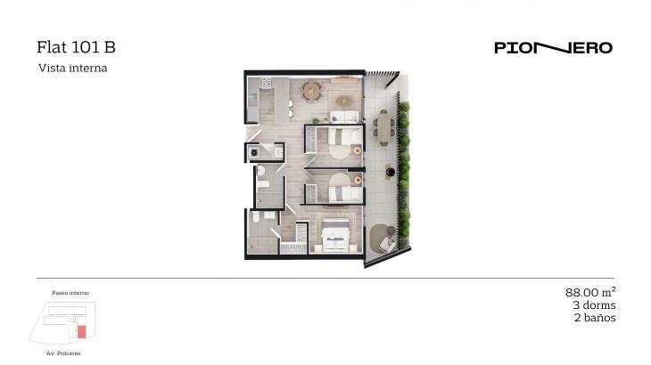 Plano del modelo Flat 101 B del proyecto Guardia Civil Sur 314 en Chorrillos
