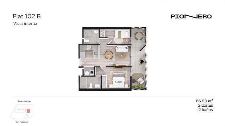 Plano del modelo Flat 102 B del proyecto Guardia Civil Sur 314 en Chorrillos