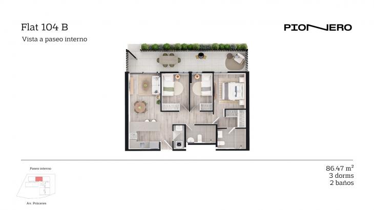 Plano del modelo Flat 104 B del proyecto Guardia Civil Sur 314 en Chorrillos