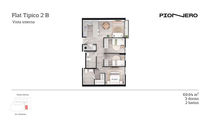 Plano del modelo Flat Típico 2 B del proyecto Guardia Civil Sur 314 en Chorrillos