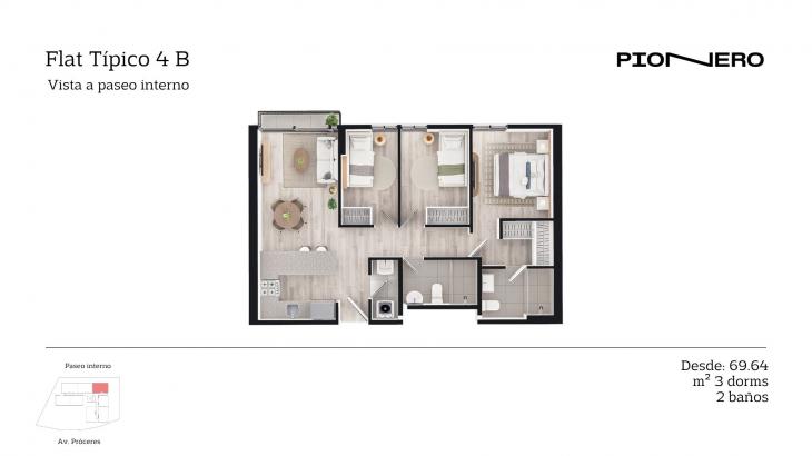 Plano del modelo Flat Típico 4 B del proyecto Guardia Civil Sur 314 en Chorrillos