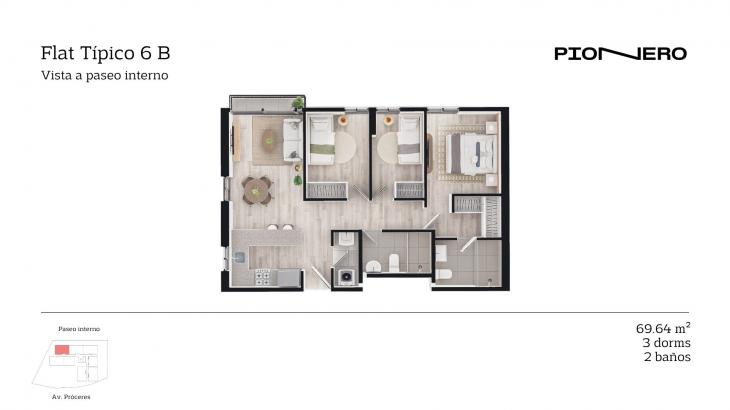 Plano del modelo Flat Típico 6 B del proyecto Guardia Civil Sur 314 en Chorrillos