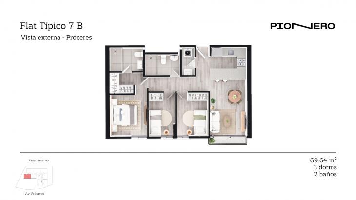 Plano del modelo Flat Típico 7 B del proyecto Guardia Civil Sur 314 en Chorrillos