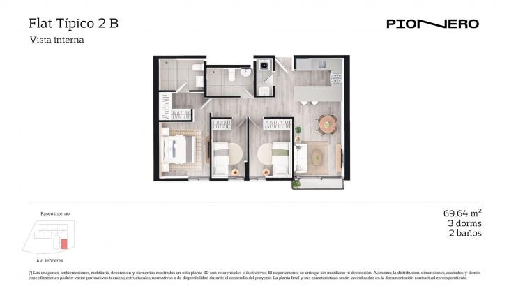 Plano del modelo Flat Típico 2 B del proyecto Guardia Civil Sur 314 en Chorrillos