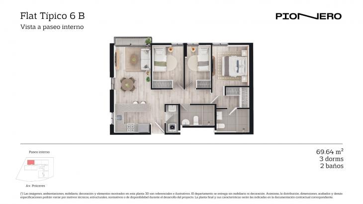 Plano del modelo Flat Típico  6B del proyecto Guardia Civil Sur 314 en Chorrillos