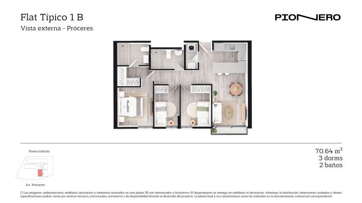 Plano del modelo Flat Típico  1B del proyecto Guardia Civil Sur 314 en Chorrillos