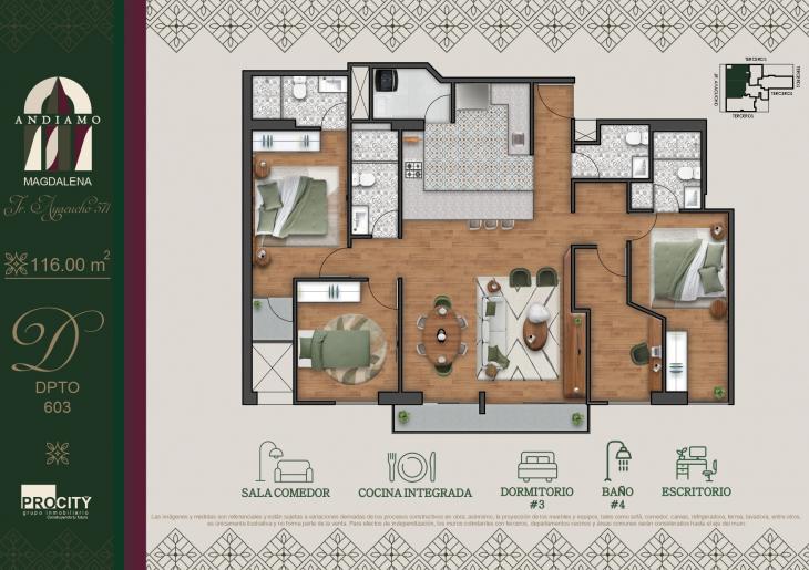 Plano del modelo Tipo 3 D del proyecto ANDIAMO en Magdalena Del Mar