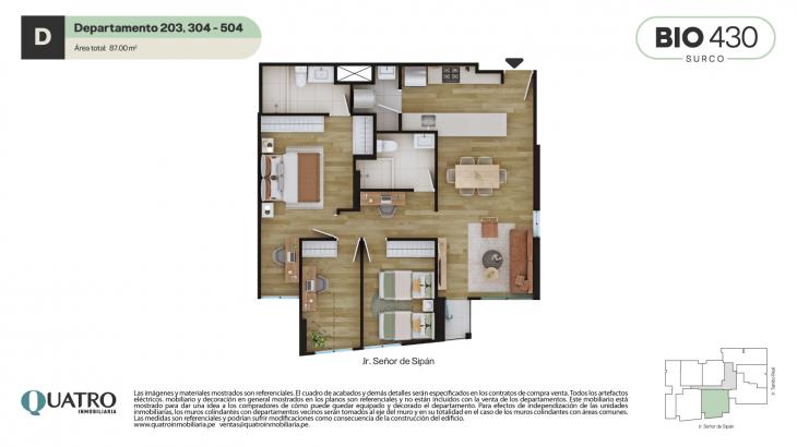 Plano del modelo D del proyecto BIO 430 en Santiago De Surco