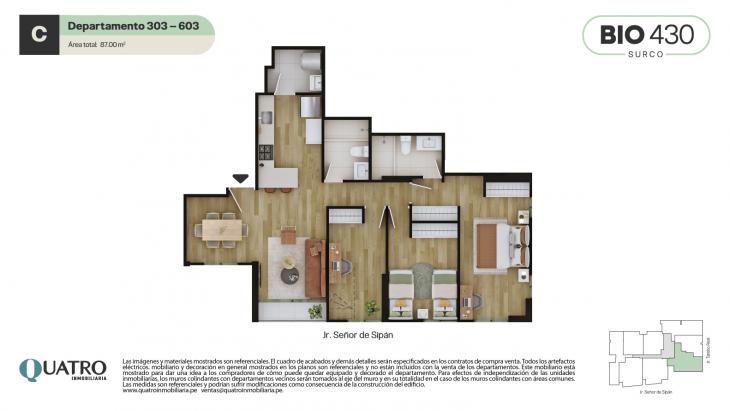 Plano del modelo C del proyecto BIO 430 en Santiago De Surco