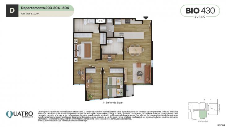 Plano del modelo D del proyecto BIO 430 en Santiago De Surco