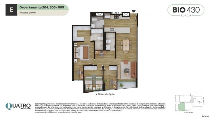 Plano del modelo E del proyecto BIO 430 en Santiago De Surco