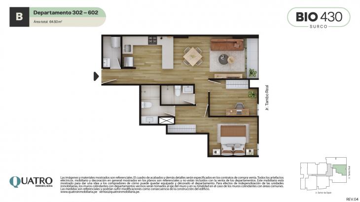 Plano del modelo B del proyecto BIO 430 en Santiago De Surco