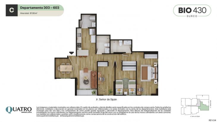 Plano del modelo C del proyecto BIO 430 en Santiago De Surco