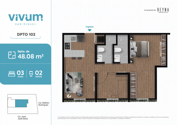 Plano del modelo Tipo 102 del proyecto Vivum en San Miguel
