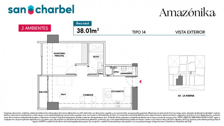 Plano del modelo TIPO 14A del proyecto Amazónika en San Miguel