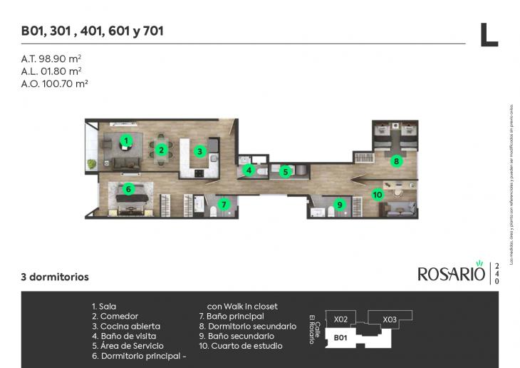 Plano del modelo 701 del proyecto Rosario 240 en Miraflores