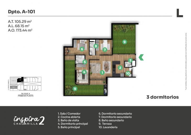 Plano del modelo A-101 del proyecto Inspira 2 en Santiago De Surco