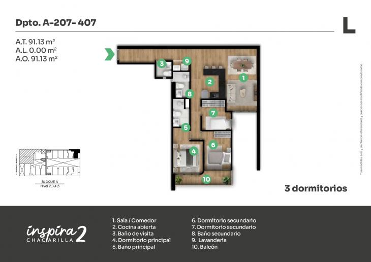 Plano del modelo A-407 del proyecto Inspira 2 en Santiago De Surco