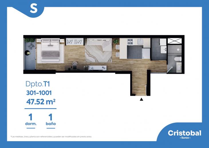 Plano del modelo T-1 del proyecto Cristobal en Santiago De Surco
