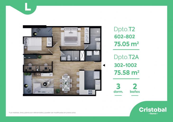 Plano del modelo T-2 del proyecto Cristobal en Santiago De Surco
