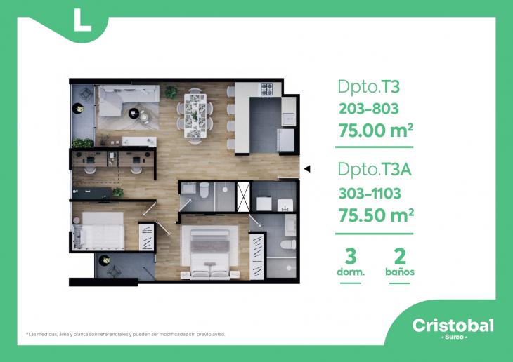 Plano del modelo T-3 del proyecto Cristobal en Santiago De Surco