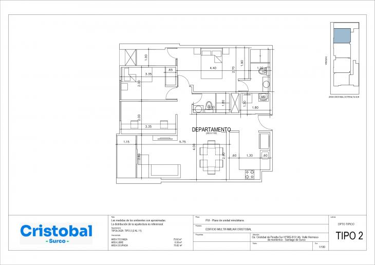 Plano del modelo T-2 del proyecto Cristobal en Santiago De Surco