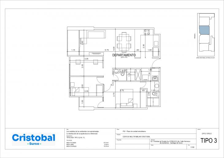 Plano del modelo T-3 del proyecto Cristobal en Santiago De Surco