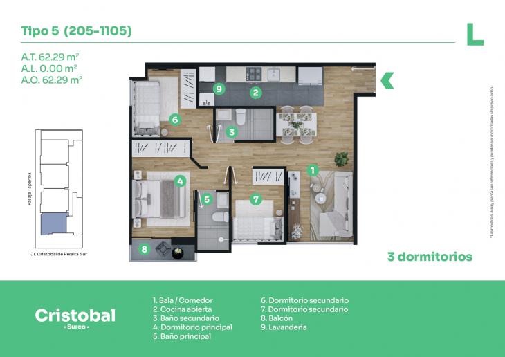 Plano del modelo T-5 del proyecto Cristobal en Santiago De Surco