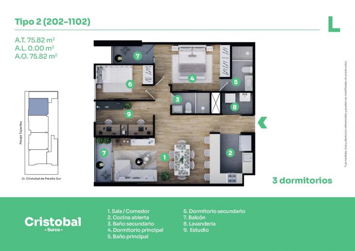 Plano del modelo T-2 del proyecto Cristobal en Santiago De Surco
