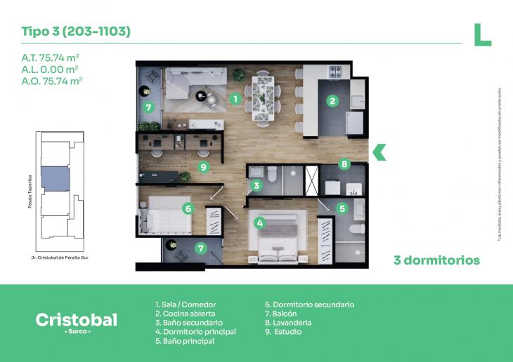 Plano del modelo T-3 del proyecto Cristobal en Santiago De Surco