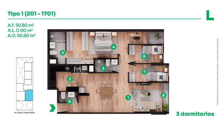 Plano del modelo T-1 del proyecto Javier Prado Oeste 1121 en San Isidro